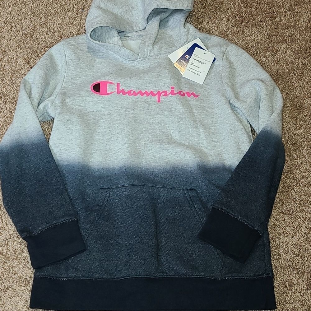 Champion Pullover Heather Black and pink lettering.